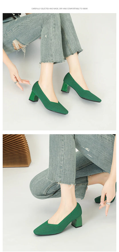 Women's High Heels Comfortable Square Knitted Breathable Comfortable Shoes 2025 Autumn New Edition (5cm High)