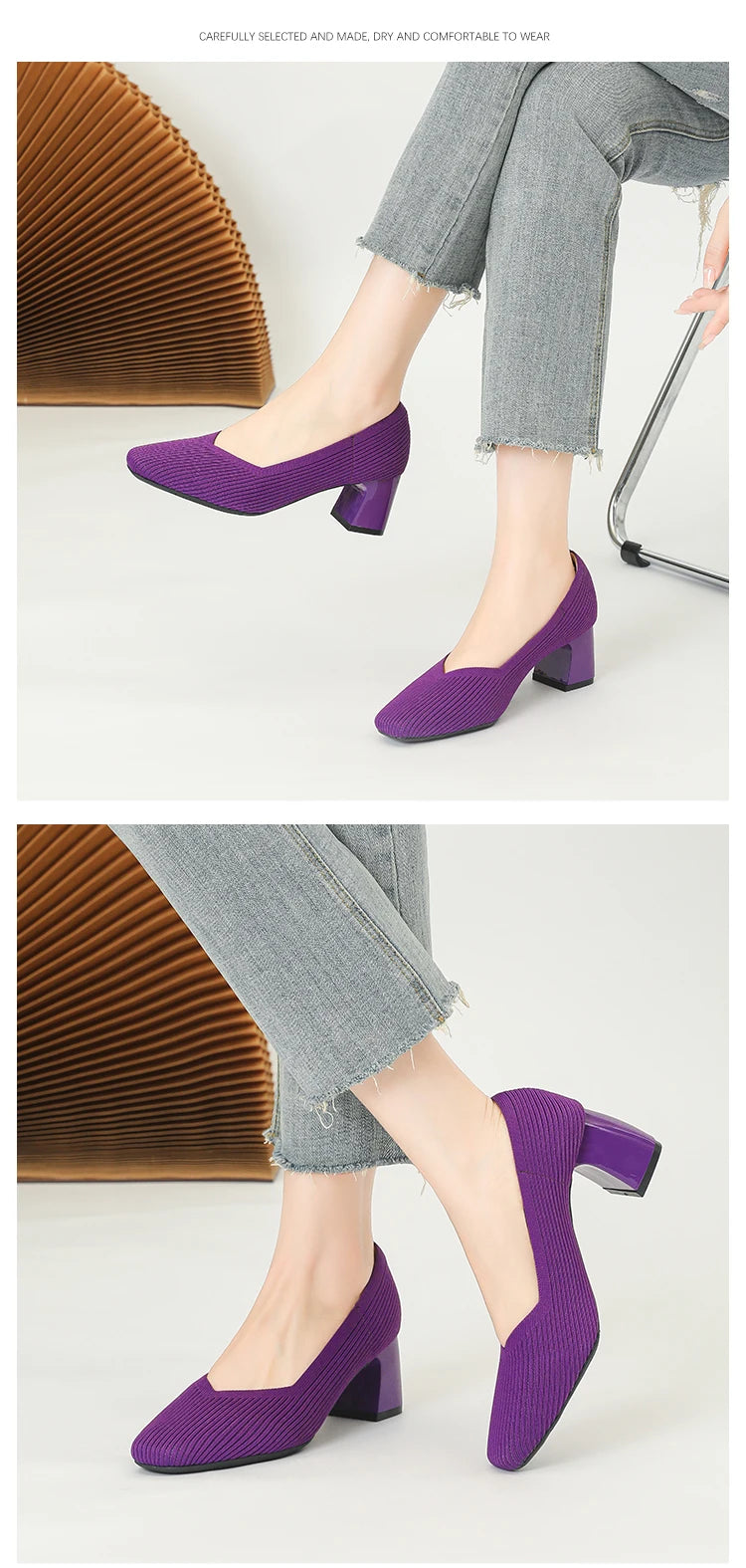 Women's High Heels Comfortable Square Knitted Breathable Comfortable Shoes 2025 Autumn New Edition (5cm High)