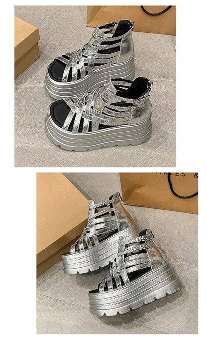 8CM Designers Women Summer Leather Sandals Open Toe Platform Wedge Sneakers New Women Casual Shoes Beach Sandálias Das Mulheres
