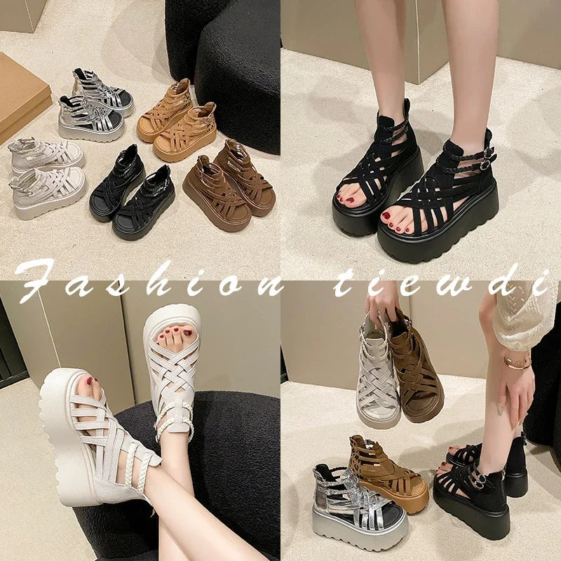 8CM Designers Women Summer Leather Sandals Open Toe Platform Wedge Sneakers New Women Casual Shoes Beach Sandálias Das Mulheres