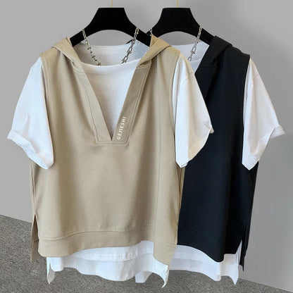 2025 New Men's Fake Two-piece Hooded T-shirts Letter Embroidered Short Sleeve Tee Shirts Korean Fashion V-Neck Y2K Tshirt