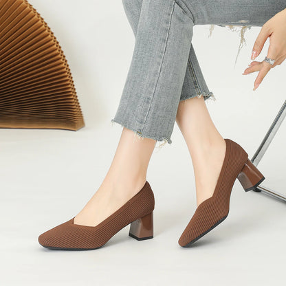 Women's High Heels Comfortable Square Knitted Breathable Comfortable Shoes 2025 Autumn New Edition (5cm High)