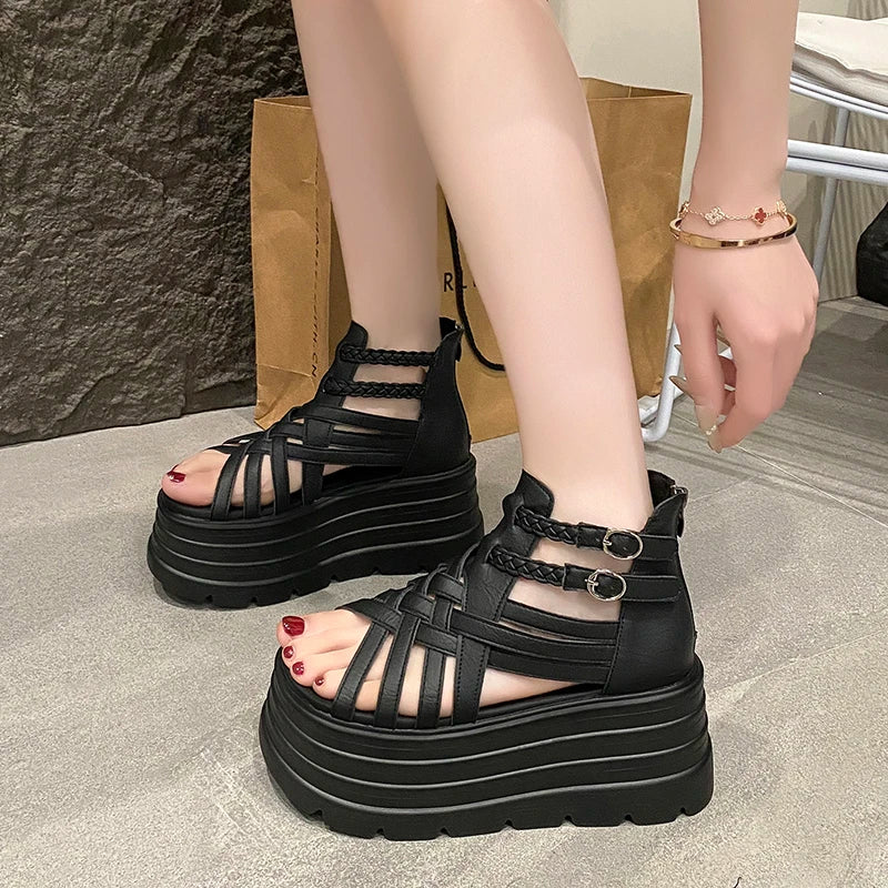 8CM Designers Women Summer Leather Sandals Open Toe Platform Wedge Sneakers New Women Casual Shoes Beach Sandálias Das Mulheres