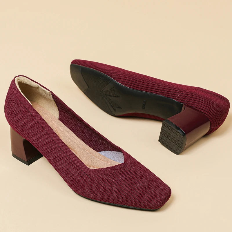 Women's High Heels Comfortable Square Knitted Breathable Comfortable Shoes 2025 Autumn New Edition (5cm High)