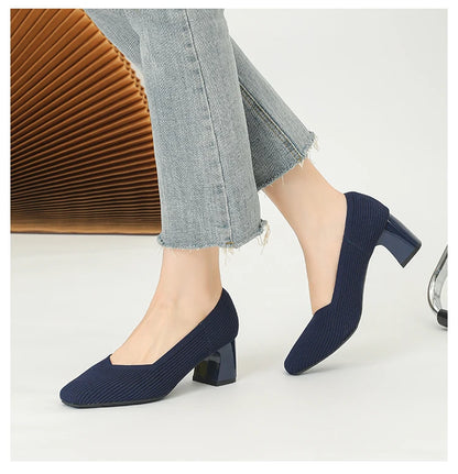 Women's High Heels Comfortable Square Knitted Breathable Comfortable Shoes 2025 Autumn New Edition (5cm High)