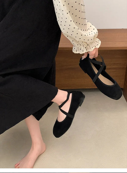 2024 New Spring Summer Flat Ballet Shoes Women's Shoes Retro Mary Jane Shoes Square Toe Shallow Mouth New Cross Women Loafers