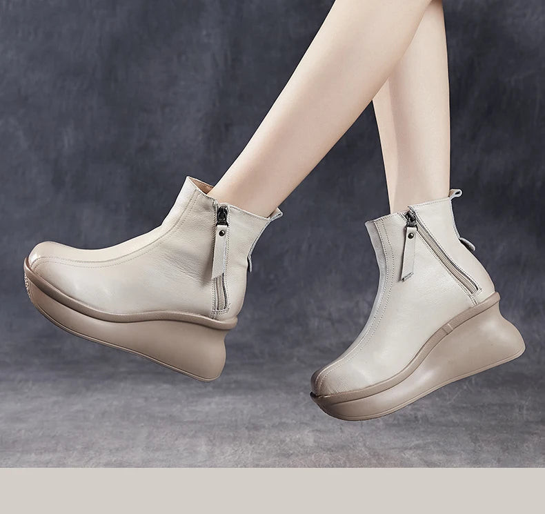 GKTINOO Genuine Leather Women Boots Retro Shoes 2025 New Autumn Winter Round Toe Double Zipper Handmade Concise Platform Boots