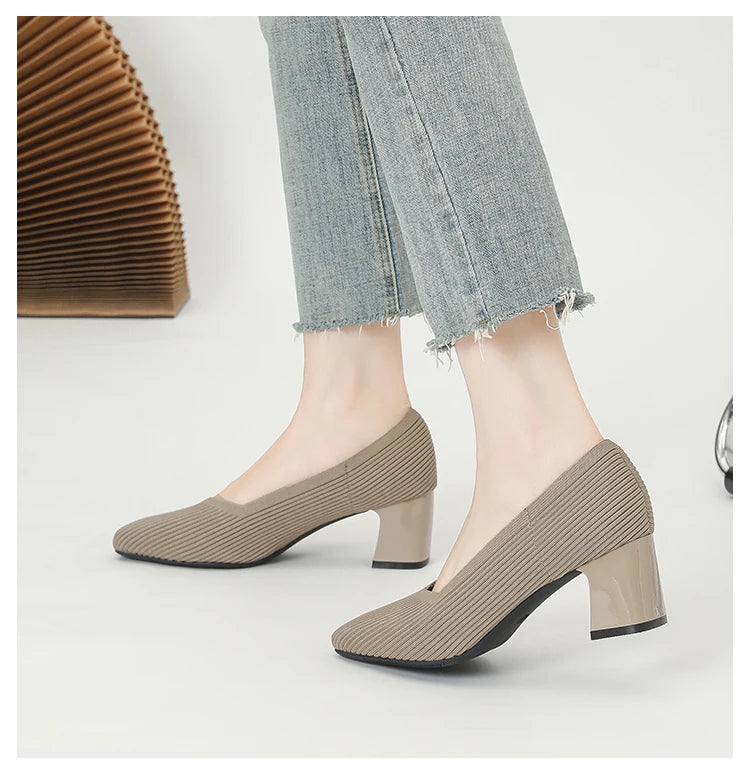 Women's High Heels Comfortable Square Knitted Breathable Comfortable Shoes 2025 Autumn New Edition (5cm High)