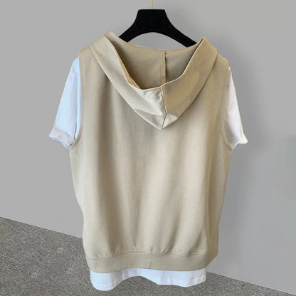 2025 New Men's Fake Two-piece Hooded T-shirts Letter Embroidered Short Sleeve Tee Shirts Korean Fashion V-Neck Y2K Tshirt