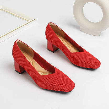 Women's High Heels Comfortable Square Knitted Breathable Comfortable Shoes 2025 Autumn New Edition (5cm High)
