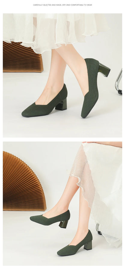 Women's High Heels Comfortable Square Knitted Breathable Comfortable Shoes 2025 Autumn New Edition (5cm High)