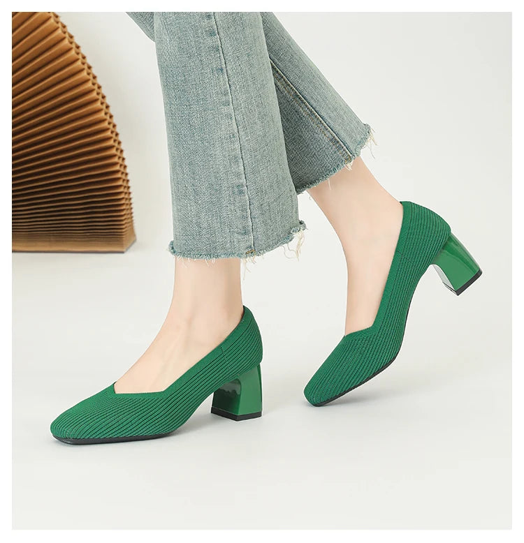 Women's High Heels Comfortable Square Knitted Breathable Comfortable Shoes 2025 Autumn New Edition (5cm High)
