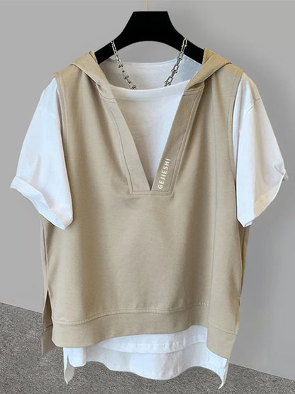 2025 New Men's Fake Two-piece Hooded T-shirts Letter Embroidered Short Sleeve Tee Shirts Korean Fashion V-Neck Y2K Tshirt