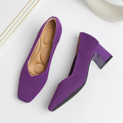 Women's High Heels Comfortable Square Knitted Breathable Comfortable Shoes 2025 Autumn New Edition (5cm High)