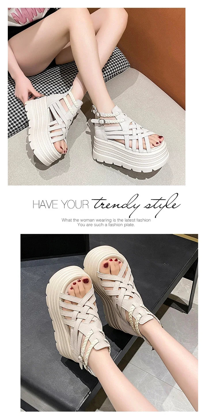 8CM Designers Women Summer Leather Sandals Open Toe Platform Wedge Sneakers New Women Casual Shoes Beach Sandálias Das Mulheres