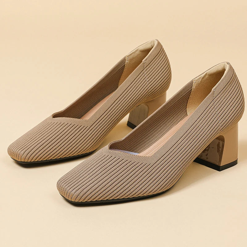 Women's High Heels Comfortable Square Knitted Breathable Comfortable Shoes 2025 Autumn New Edition (5cm High)
