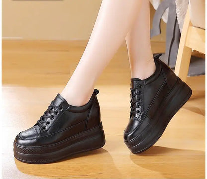 New Women Vulcanized Genuine Leather Shoes 9CM Platform Wedge High Heels White Black Shoes Lace Up Increased Sports Casual Shoes