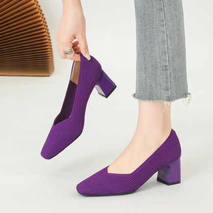 Women's High Heels Comfortable Square Knitted Breathable Comfortable Shoes 2025 Autumn New Edition (5cm High)