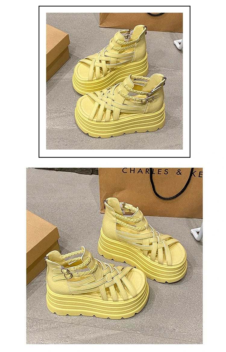 8CM Designers Women Summer Leather Sandals Open Toe Platform Wedge Sneakers New Women Casual Shoes Beach Sandálias Das Mulheres