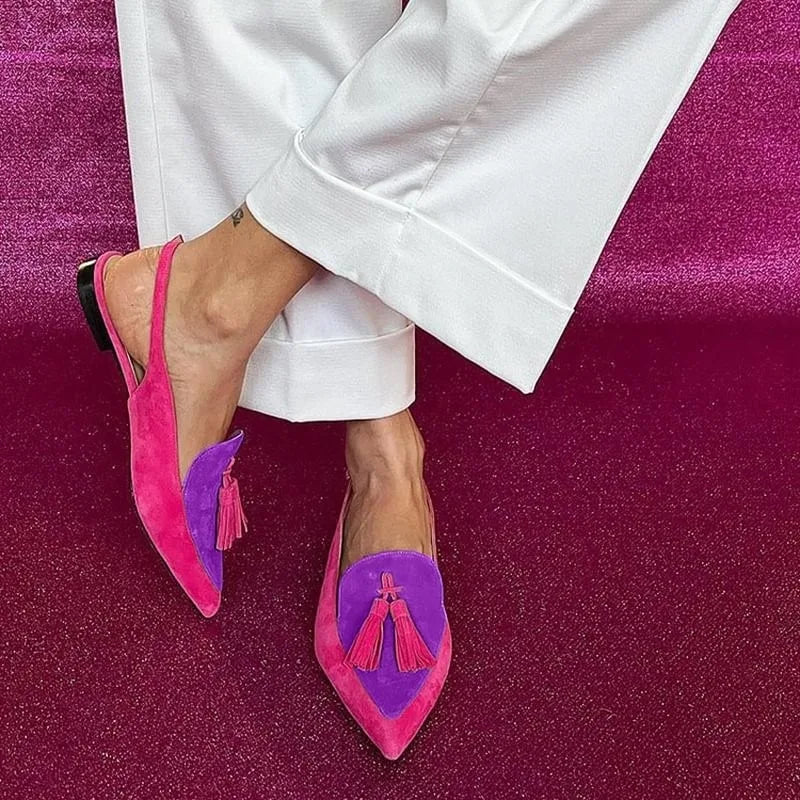 New Summer Color Block Women's Shoes 40-43 Large Pointed Tassel Low Heel Back Air Sandals High Heels Womens Shoes