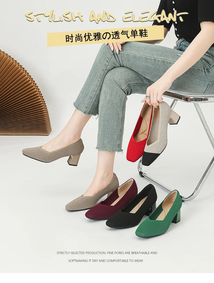 Women's High Heels Comfortable Square Knitted Breathable Comfortable Shoes 2025 Autumn New Edition (5cm High)