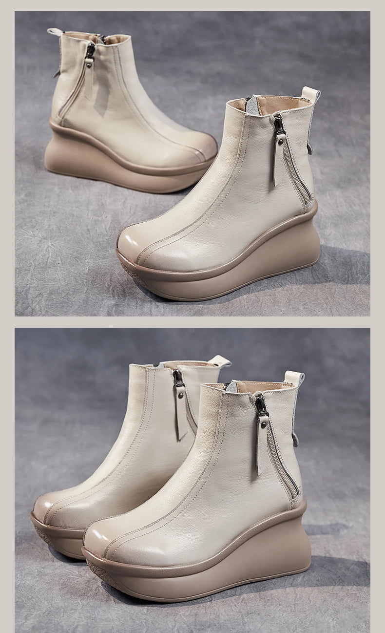 GKTINOO Genuine Leather Women Boots Retro Shoes 2025 New Autumn Winter Round Toe Double Zipper Handmade Concise Platform Boots