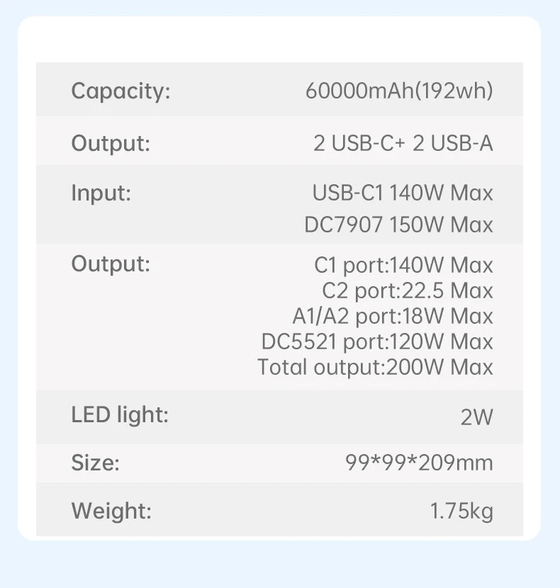 Ctolity AP200L 200W Power Bank 192Wh Lifepo4 Battery 60000mAh Solar Generator for Camping Portable Power Station LED Light