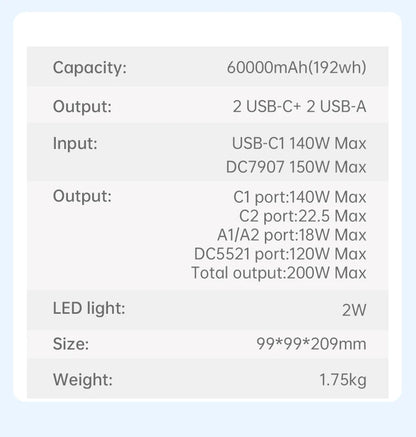 Ctolity AP200L 200W Power Bank 192Wh Lifepo4 Battery 60000mAh Solar Generator for Camping Portable Power Station LED Light