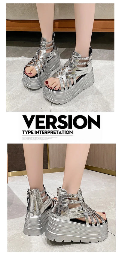 8CM Designers Women Summer Leather Sandals Open Toe Platform Wedge Sneakers New Women Casual Shoes Beach Sandálias Das Mulheres