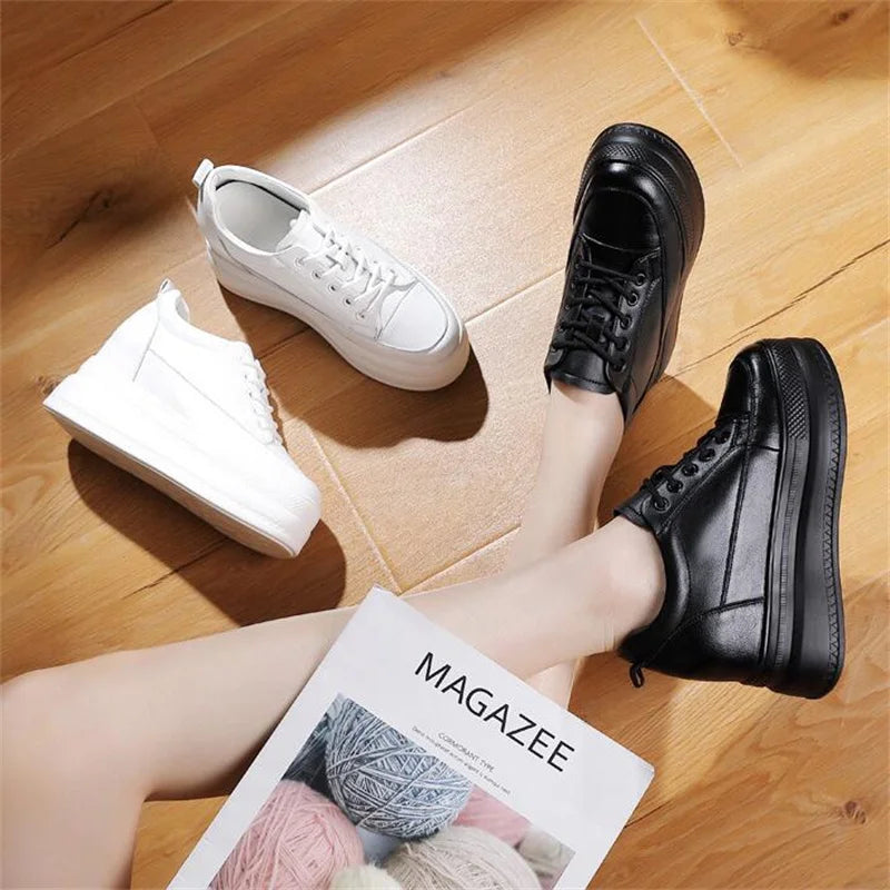 New Women Vulcanized Genuine Leather Shoes 9CM Platform Wedge High Heels White Black Shoes Lace Up Increased Sports Casual Shoes