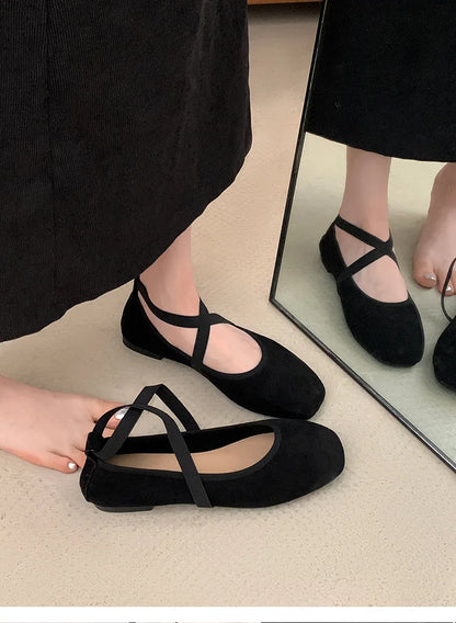 2024 New Spring Summer Flat Ballet Shoes Women's Shoes Retro Mary Jane Shoes Square Toe Shallow Mouth New Cross Women Loafers