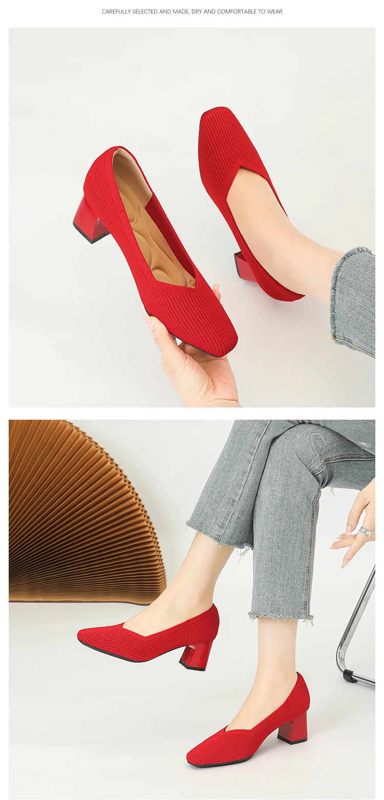 Women's High Heels Comfortable Square Knitted Breathable Comfortable Shoes 2025 Autumn New Edition (5cm High)