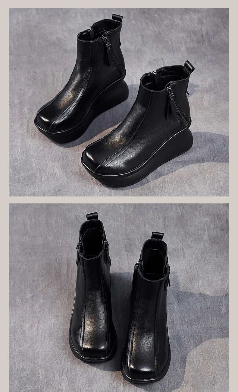 GKTINOO Genuine Leather Women Boots Retro Shoes 2025 New Autumn Winter Round Toe Double Zipper Handmade Concise Platform Boots