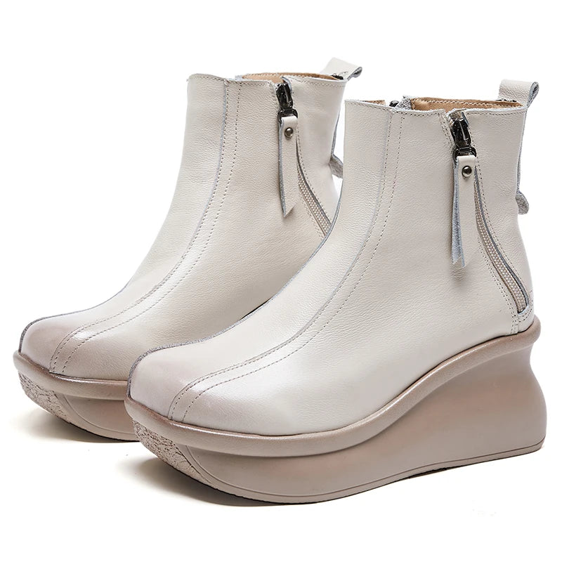 GKTINOO Genuine Leather Women Boots Retro Shoes 2025 New Autumn Winter Round Toe Double Zipper Handmade Concise Platform Boots