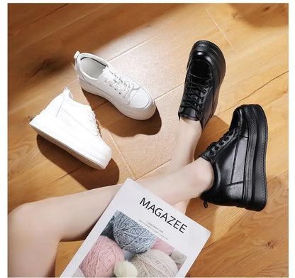 New Women Vulcanized Genuine Leather Shoes 9CM Platform Wedge High Heels White Black Shoes Lace Up Increased Sports Casual Shoes