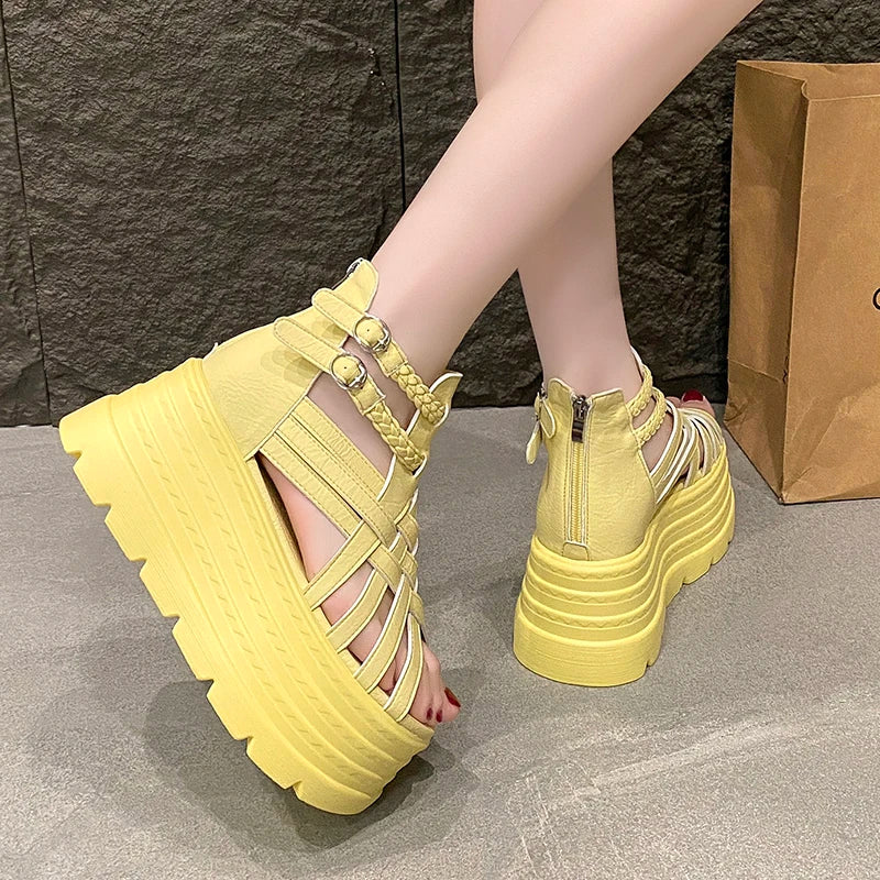 8CM Designers Women Summer Leather Sandals Open Toe Platform Wedge Sneakers New Women Casual Shoes Beach Sandálias Das Mulheres