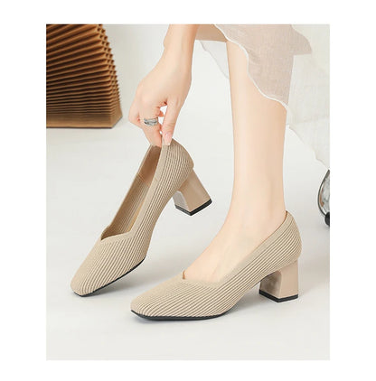 Women's High Heels Comfortable Square Knitted Breathable Comfortable Shoes 2025 Autumn New Edition (5cm High)