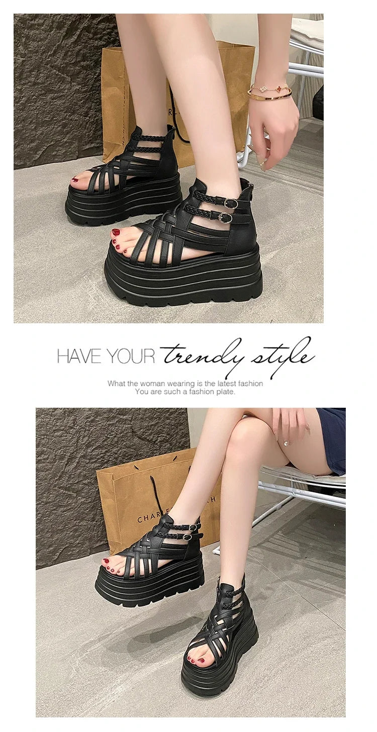 8CM Designers Women Summer Leather Sandals Open Toe Platform Wedge Sneakers New Women Casual Shoes Beach Sandálias Das Mulheres
