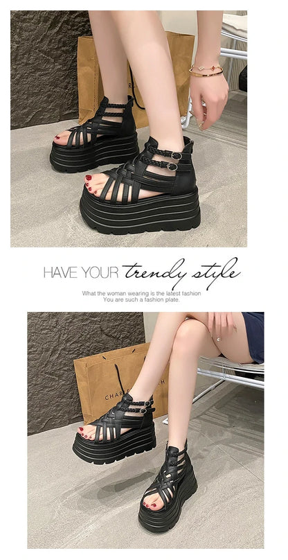 8CM Designers Women Summer Leather Sandals Open Toe Platform Wedge Sneakers New Women Casual Shoes Beach Sandálias Das Mulheres