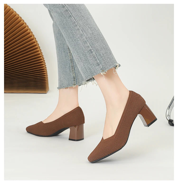 Women's High Heels Comfortable Square Knitted Breathable Comfortable Shoes 2025 Autumn New Edition (5cm High)