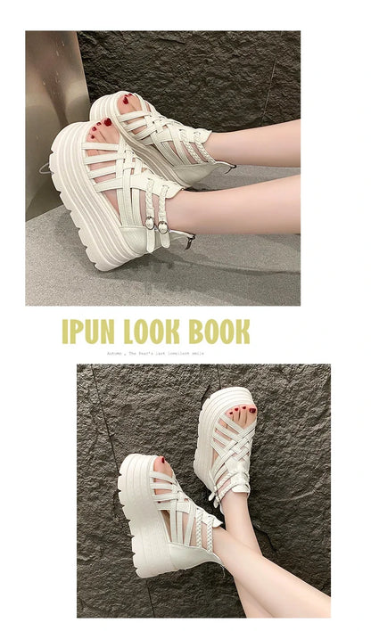 8CM Designers Women Summer Leather Sandals Open Toe Platform Wedge Sneakers New Women Casual Shoes Beach Sandálias Das Mulheres
