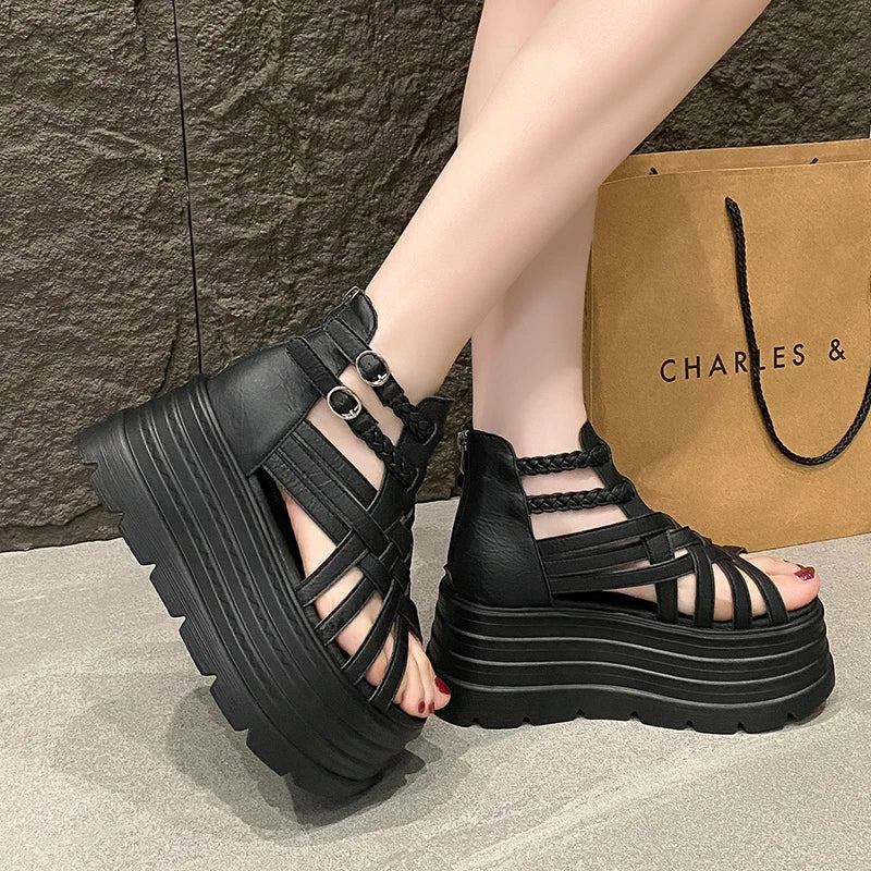 8CM Designers Women Summer Leather Sandals Open Toe Platform Wedge Sneakers New Women Casual Shoes Beach Sandálias Das Mulheres