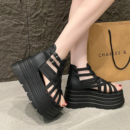8CM Designers Women Summer Leather Sandals Open Toe Platform Wedge Sneakers New Women Casual Shoes Beach Sandálias Das Mulheres