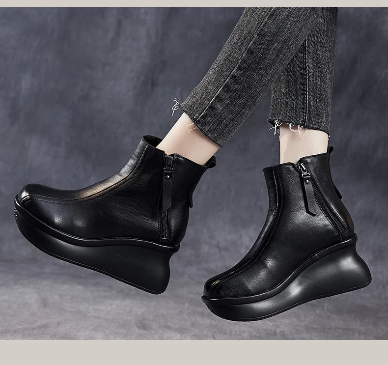 GKTINOO Genuine Leather Women Boots Retro Shoes 2025 New Autumn Winter Round Toe Double Zipper Handmade Concise Platform Boots