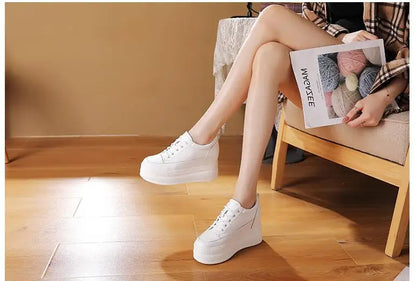 New Women Vulcanized Genuine Leather Shoes 9CM Platform Wedge High Heels White Black Shoes Lace Up Increased Sports Casual Shoes