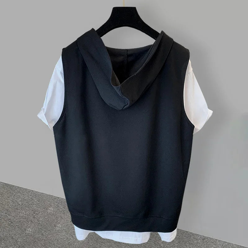 2025 New Men's Fake Two-piece Hooded T-shirts Letter Embroidered Short Sleeve Tee Shirts Korean Fashion V-Neck Y2K Tshirt