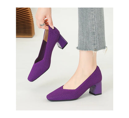 Women's High Heels Comfortable Square Knitted Breathable Comfortable Shoes 2025 Autumn New Edition (5cm High)