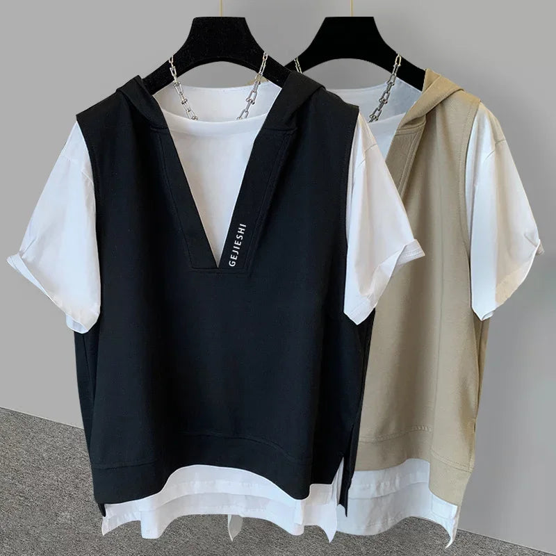 2025 New Men's Fake Two-piece Hooded T-shirts Letter Embroidered Short Sleeve Tee Shirts Korean Fashion V-Neck Y2K Tshirt