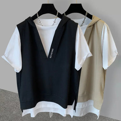 2025 New Men's Fake Two-piece Hooded T-shirts Letter Embroidered Short Sleeve Tee Shirts Korean Fashion V-Neck Y2K Tshirt