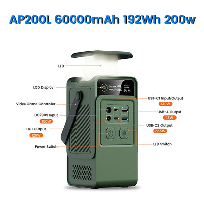 Ctolity AP200L 200W Power Bank 192Wh Lifepo4 Battery 60000mAh Solar Generator for Camping Portable Power Station LED Light